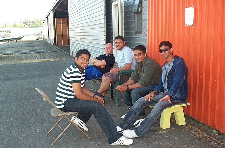 Famous pilots, all of 'em--Panks Salve, Instructor Rod Giesbrecht, Hussain Lehry, Nikhil Dongare, and Mohammed Mohiuddin, August 2008, Langley Flying School.